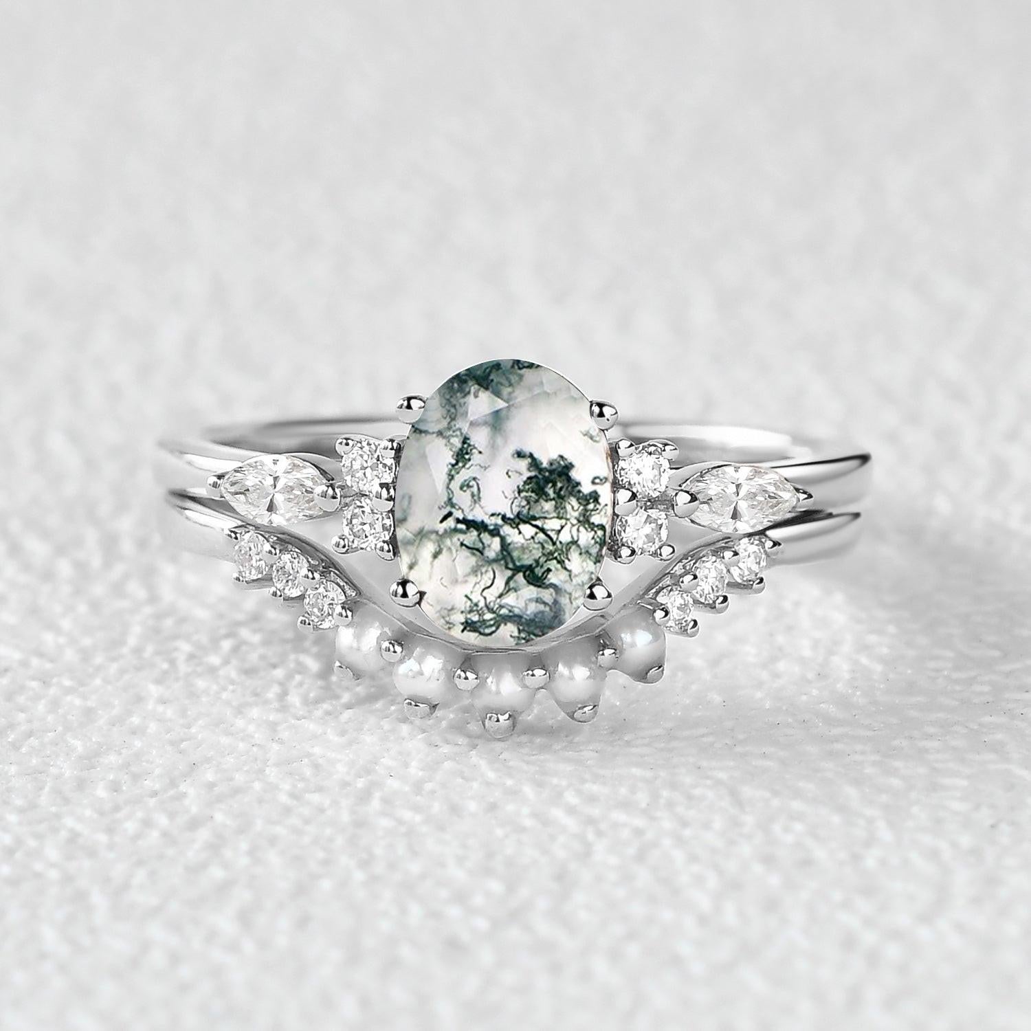 1.5ct Oval Cut Moss Agate & Pearl Engagement Ring Set 2pcs.