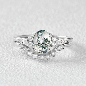 1.5ct Oval Cut Moss Agate & Pearl Engagement Ring Set 2pcs.