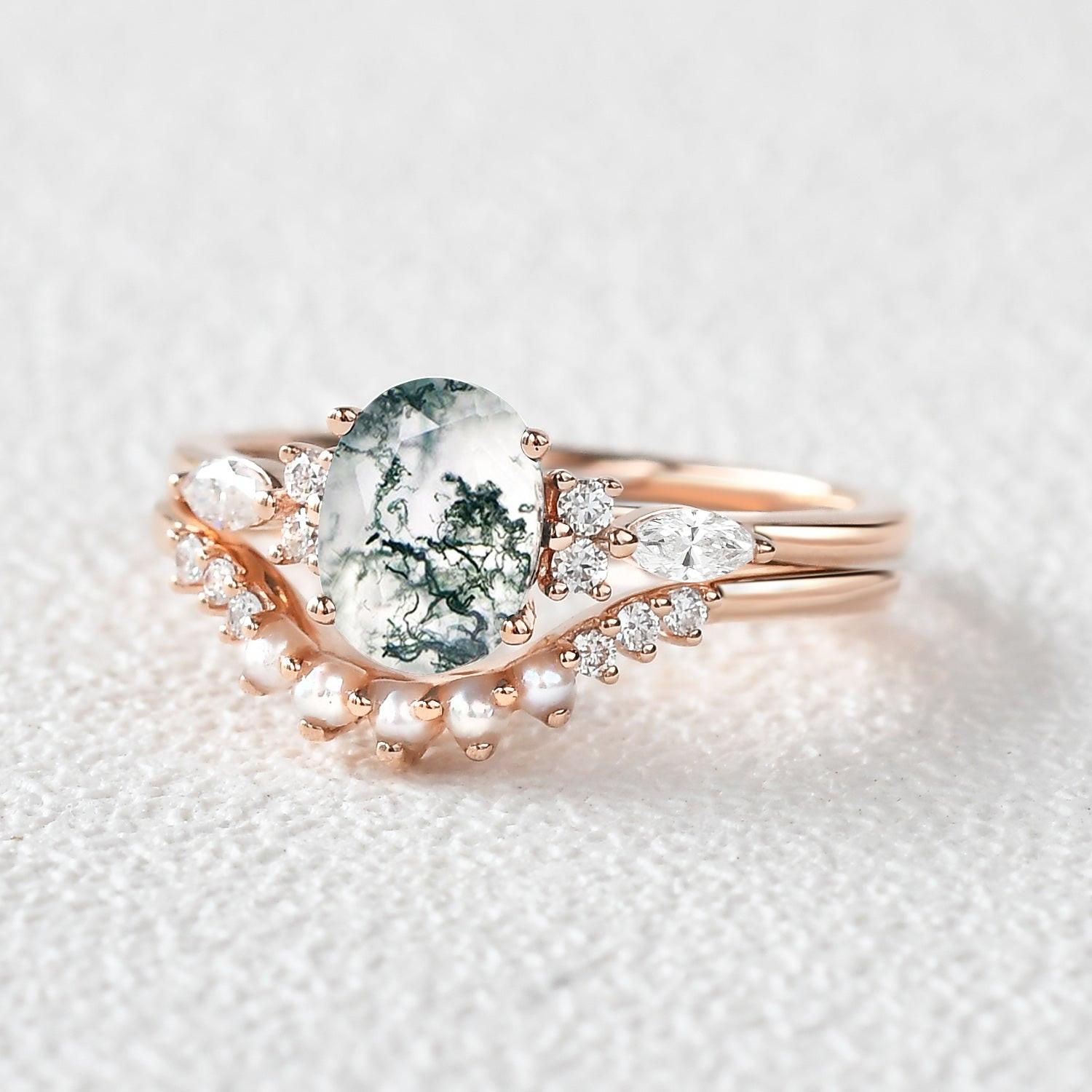 1.5ct Oval Cut Moss Agate & Pearl Engagement Ring Set 2pcs.