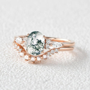 1.5ct Oval Cut Moss Agate & Pearl Engagement Ring Set 2pcs.