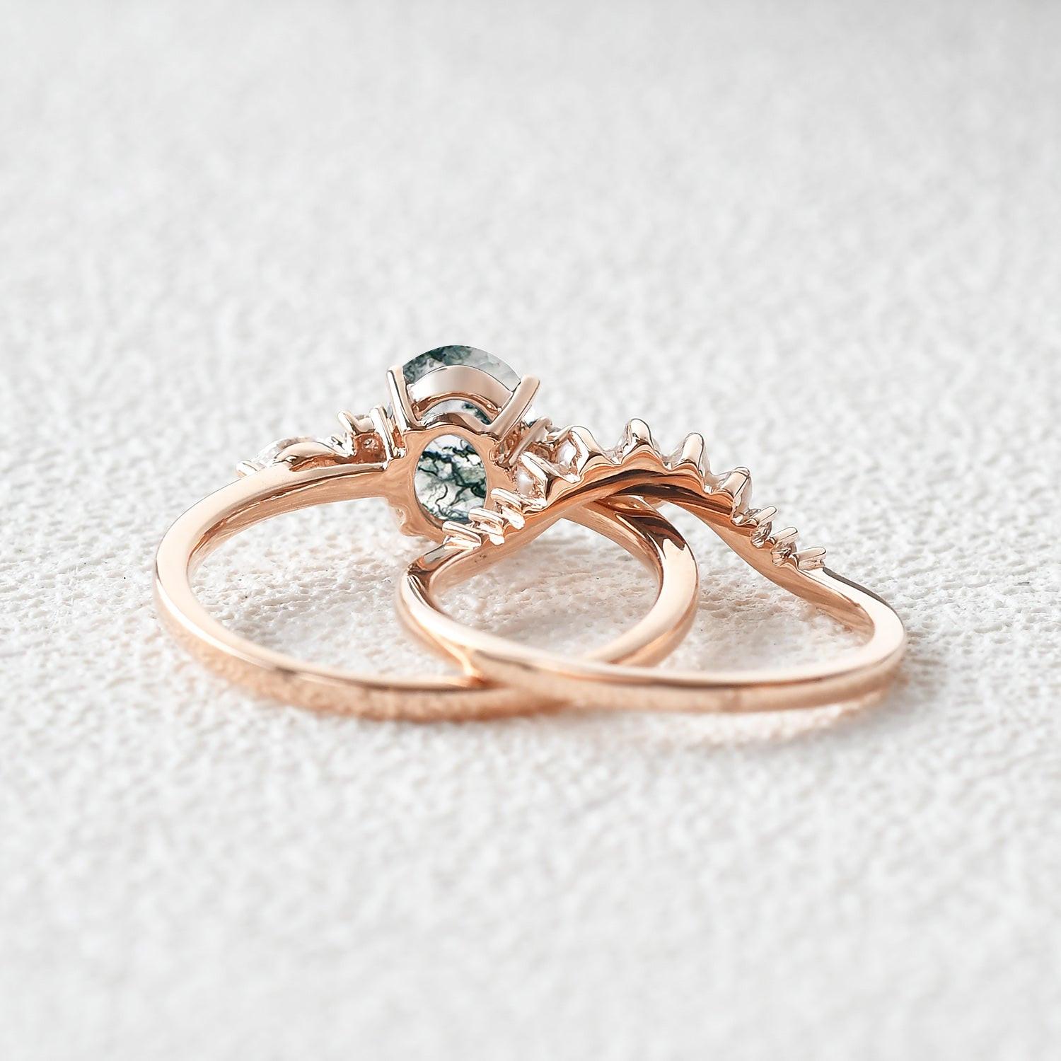 1.5ct Oval Cut Moss Agate & Pearl Engagement Ring Set 2pcs.