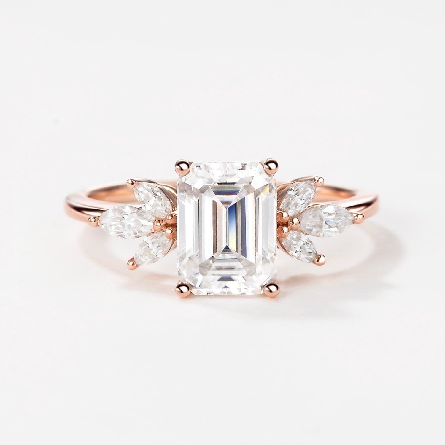 Sylvie’s Lattice | Emerald Cut Moss Agate Cluster Engagement Ring.