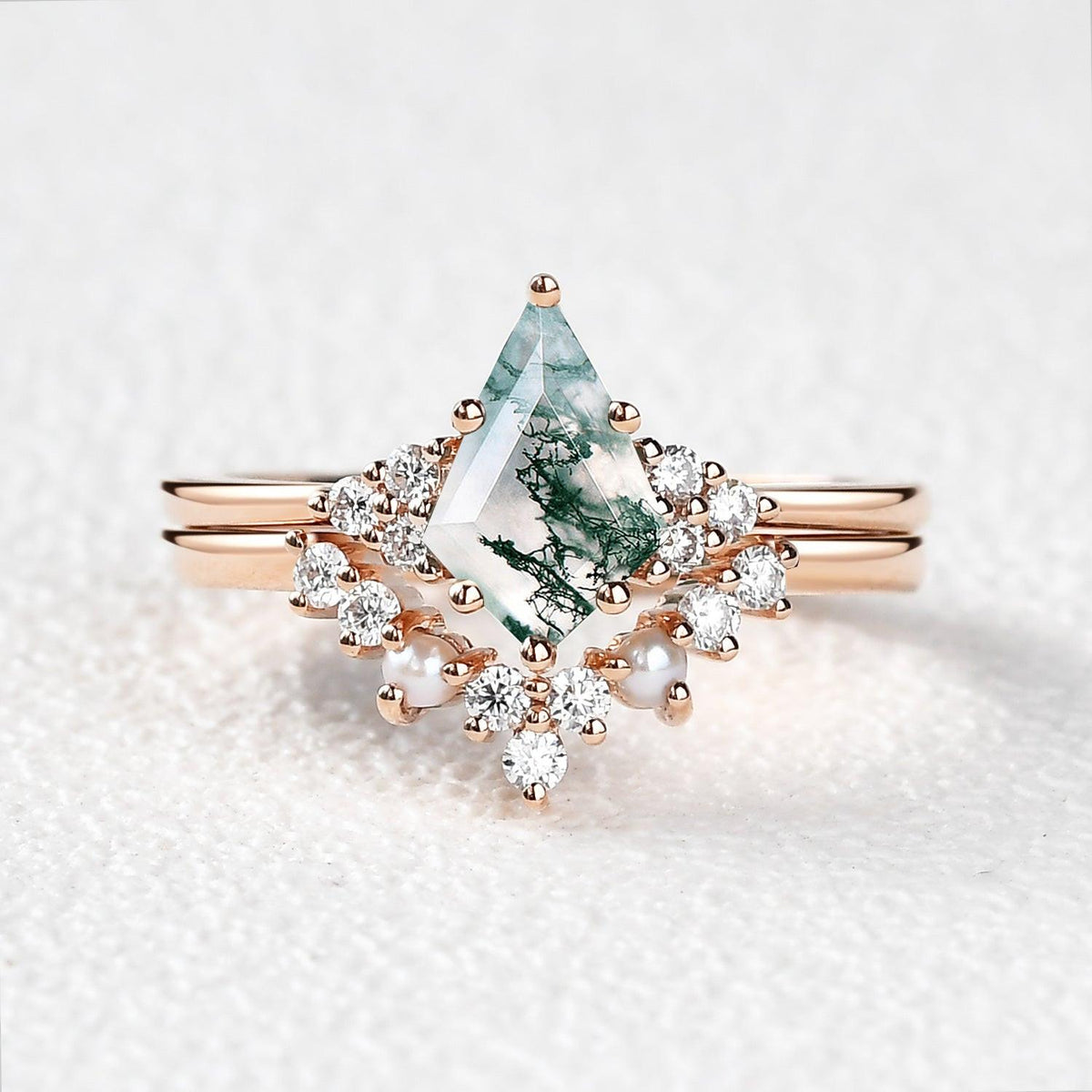 Kite Cut Moss Agate Pearl Engagement Ring Set 2pcs.