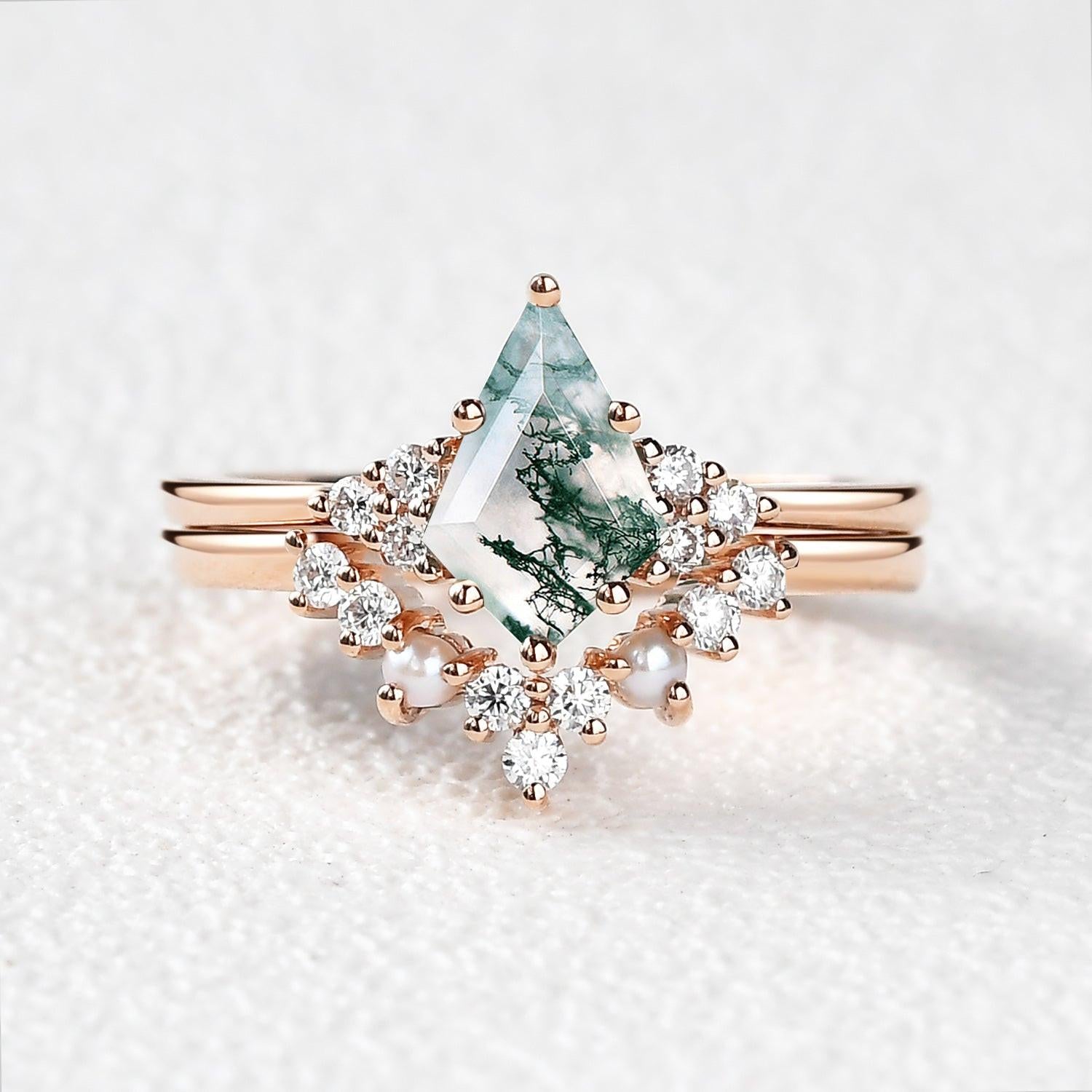 Kite Cut Moss Agate Pearl Engagement Ring Set 2pcs.