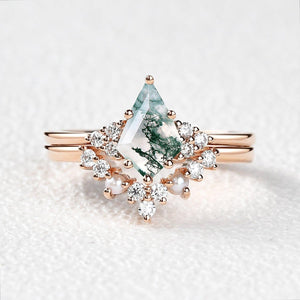 Kite Cut Moss Agate Pearl Engagement Ring Set 2pcs.