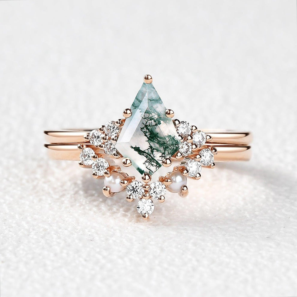 Kite Cut Moss Agate Pearl Engagement Ring Set 2pcs.