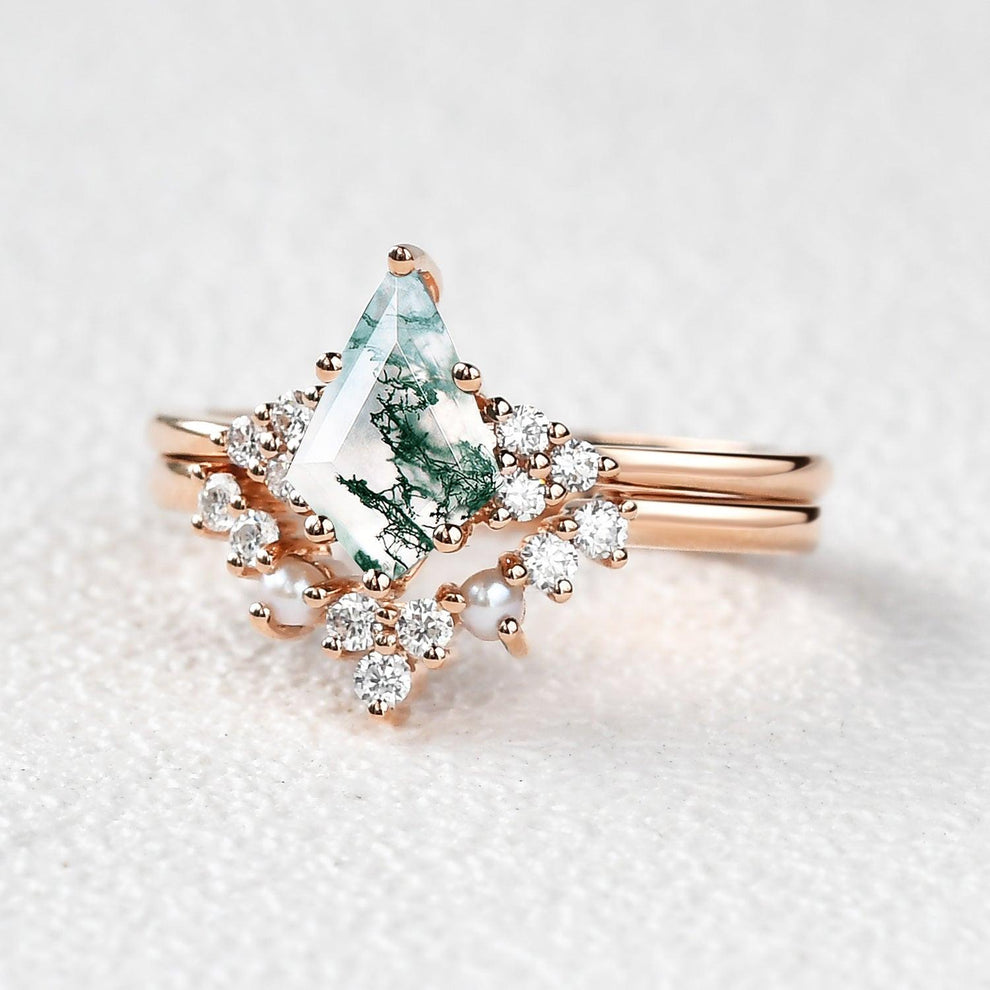 Kite Cut Moss Agate Pearl Engagement Ring Set 2pcs.