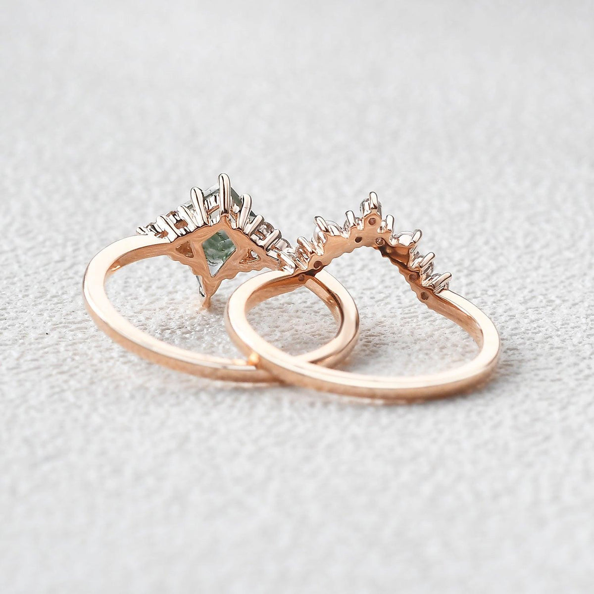 Kite Cut Moss Agate Pearl Engagement Ring Set 2pcs.