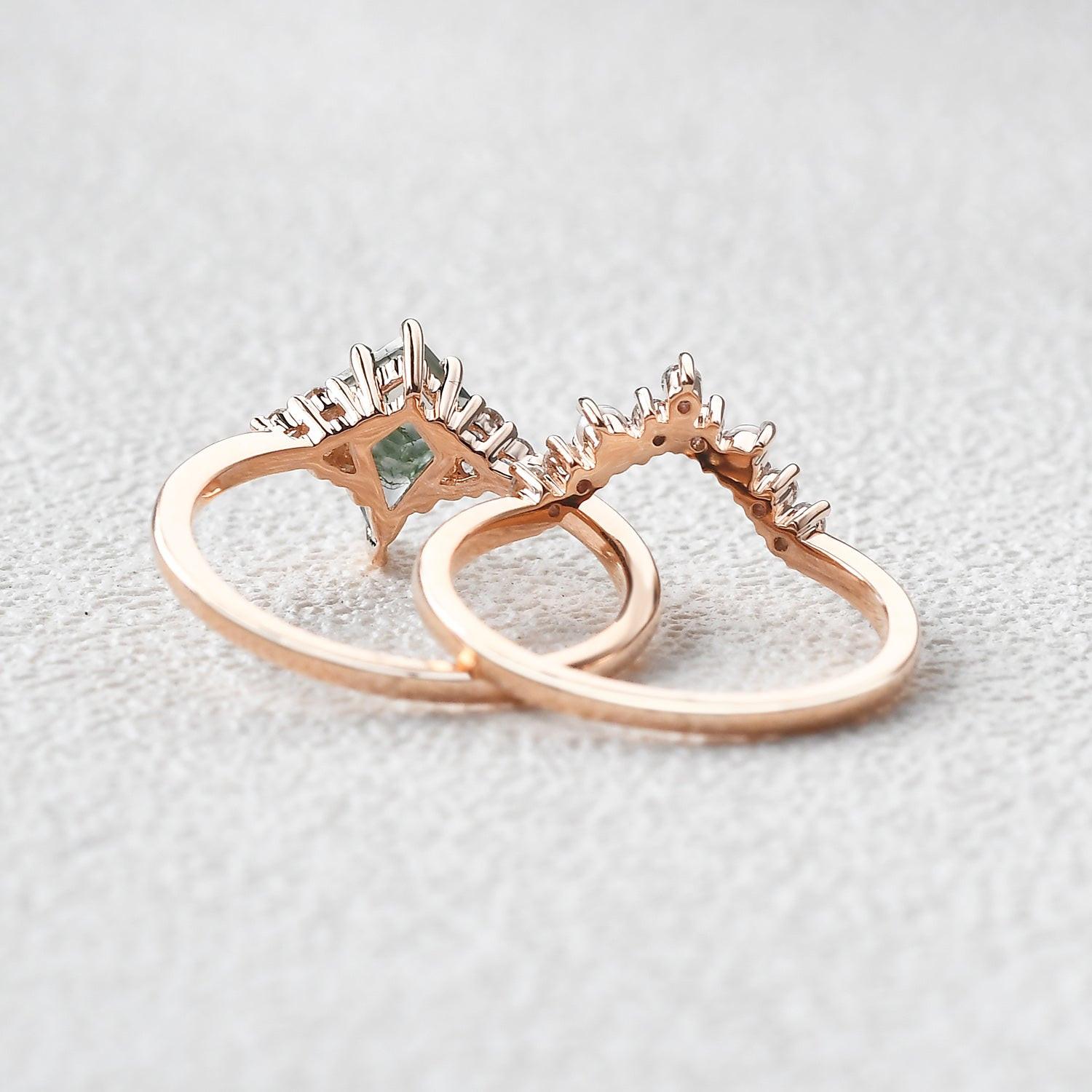 Kite Cut Moss Agate Pearl Engagement Ring Set 2pcs.