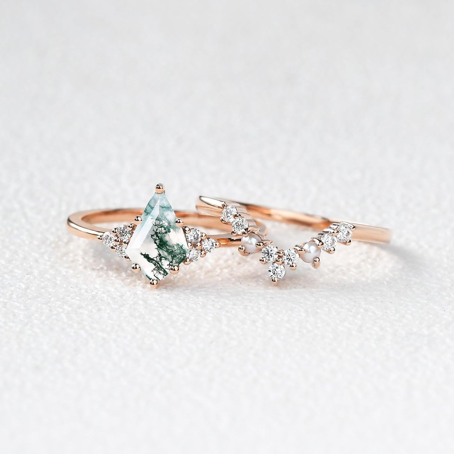 Kite Cut Moss Agate Pearl Engagement Ring Set 2pcs.