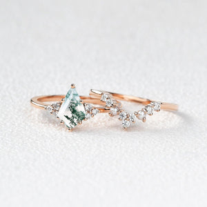 Kite Cut Moss Agate Pearl Engagement Ring Set 2pcs.
