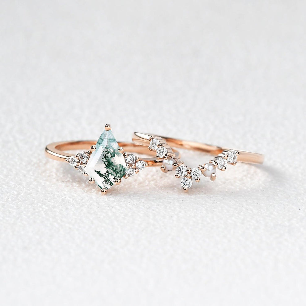 Kite Cut Moss Agate Pearl Engagement Ring Set 2pcs.