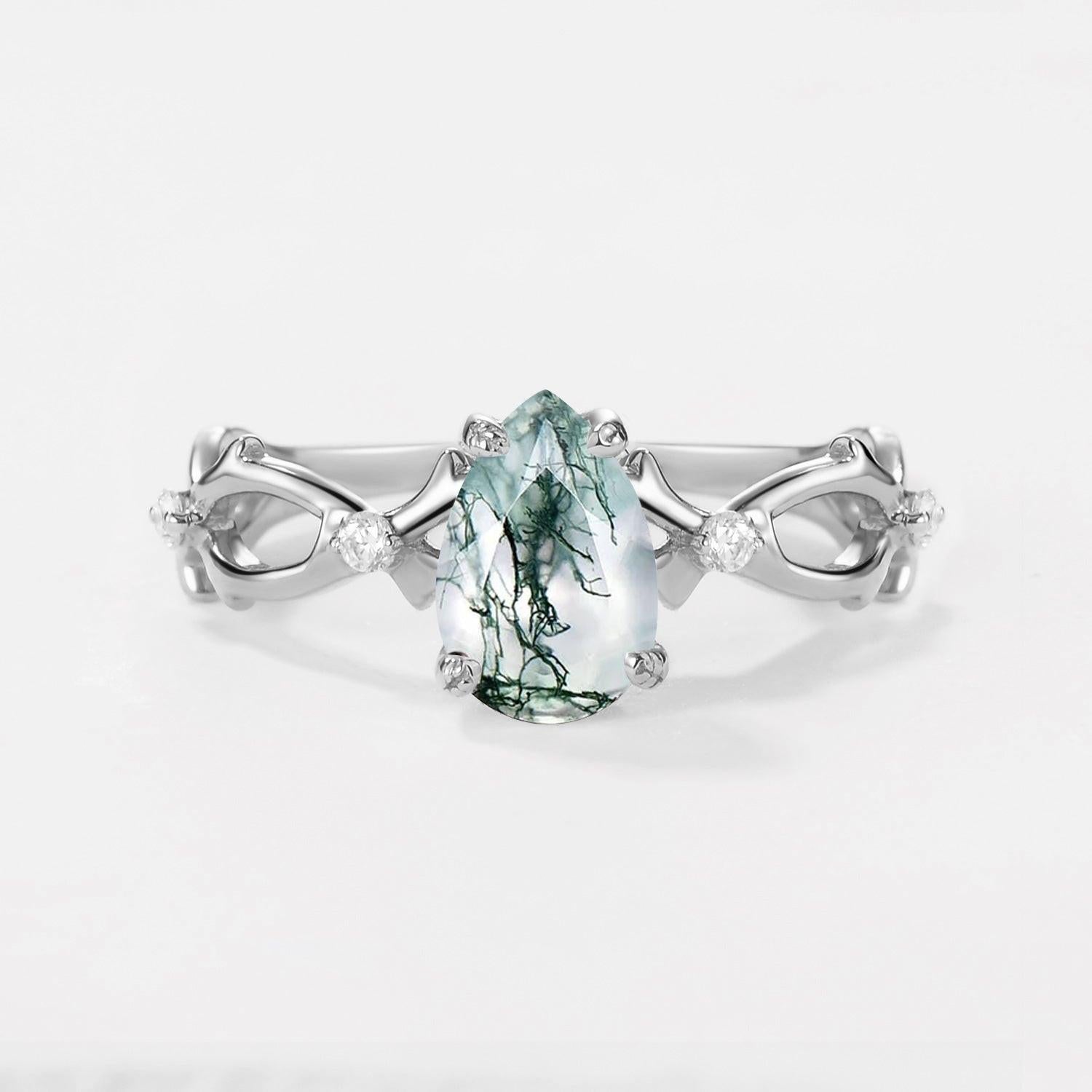 Unique Pear Moss Agate Infinity Leaf Engagement Ring.