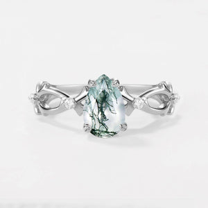 Unique Pear Moss Agate Infinity Leaf Engagement Ring.