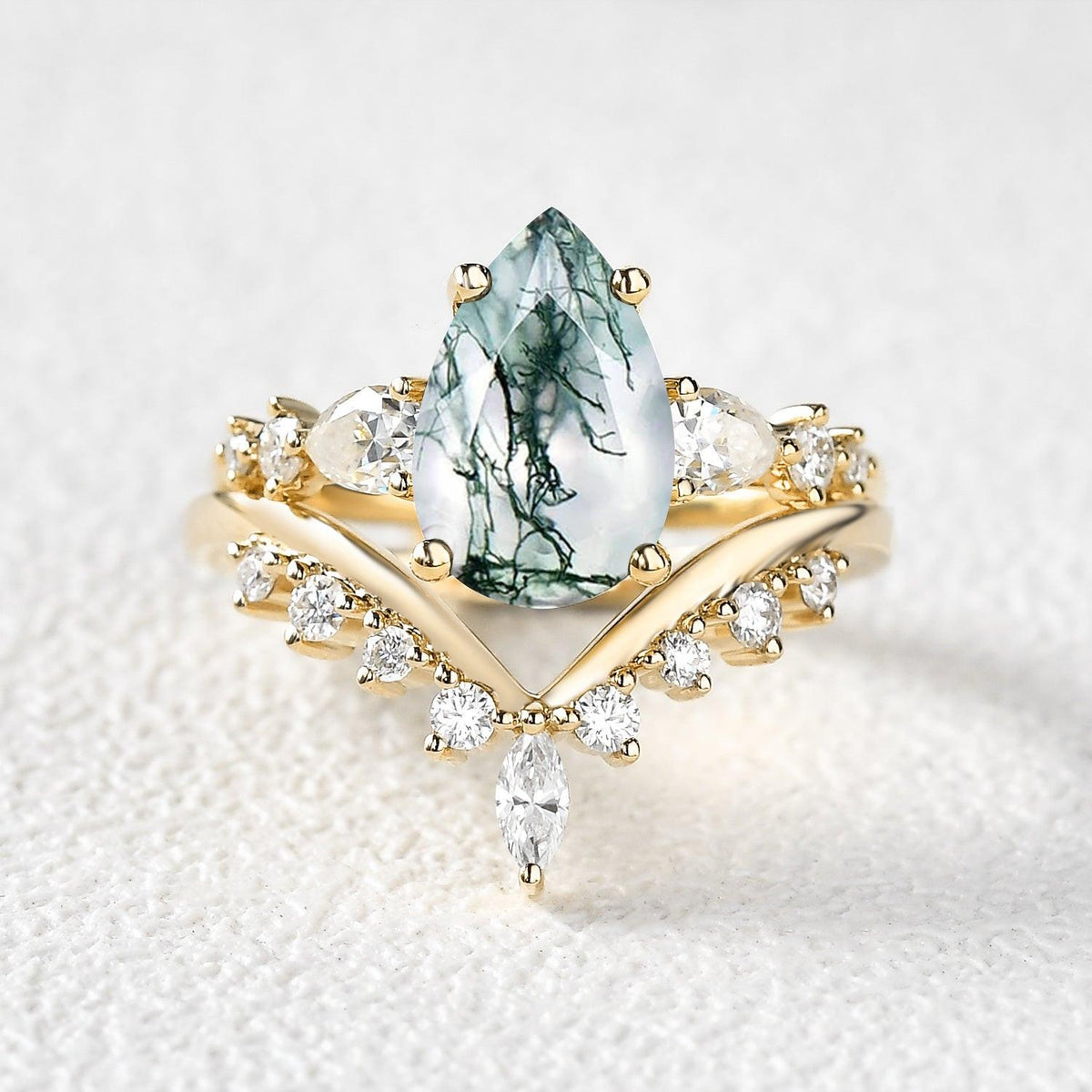 Pear Shaped Moss Agate & Pearl Chevron Bridal Ring Set 2pcs.