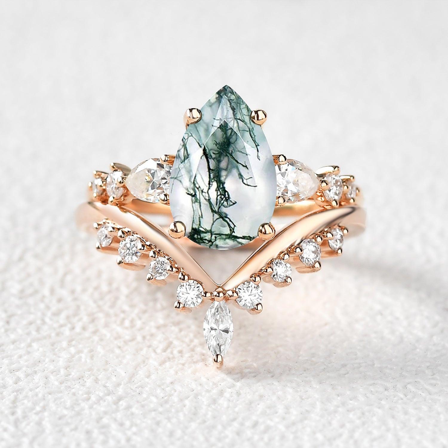 Pear Shaped Moss Agate & Pearl Chevron Bridal Ring Set 2pcs.
