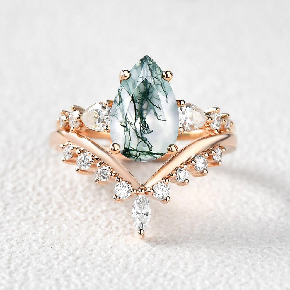 Pear Shaped Moss Agate & Pearl Chevron Bridal Ring Set 2pcs.
