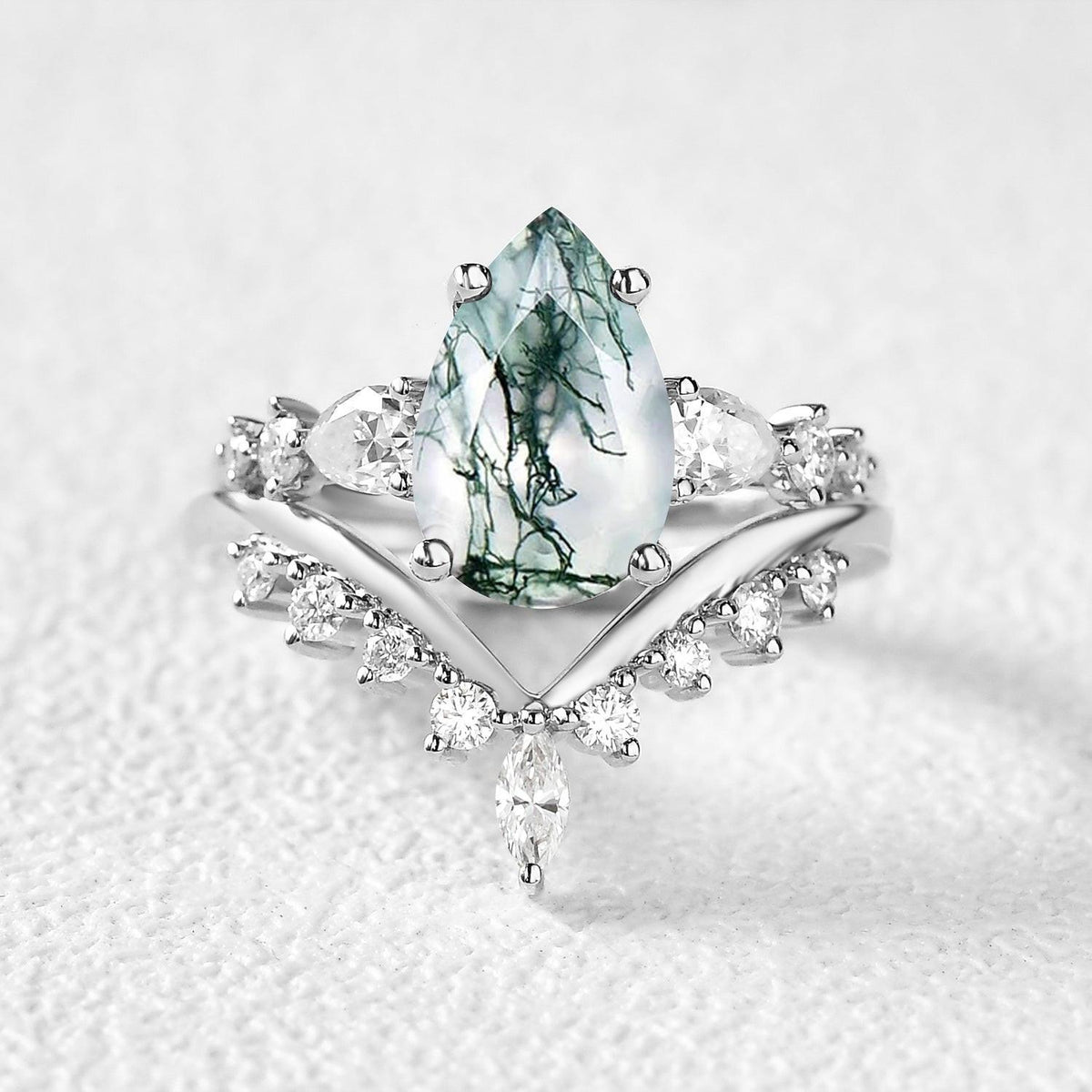 Pear Shaped Moss Agate & Pearl Chevron Bridal Ring Set 2pcs.
