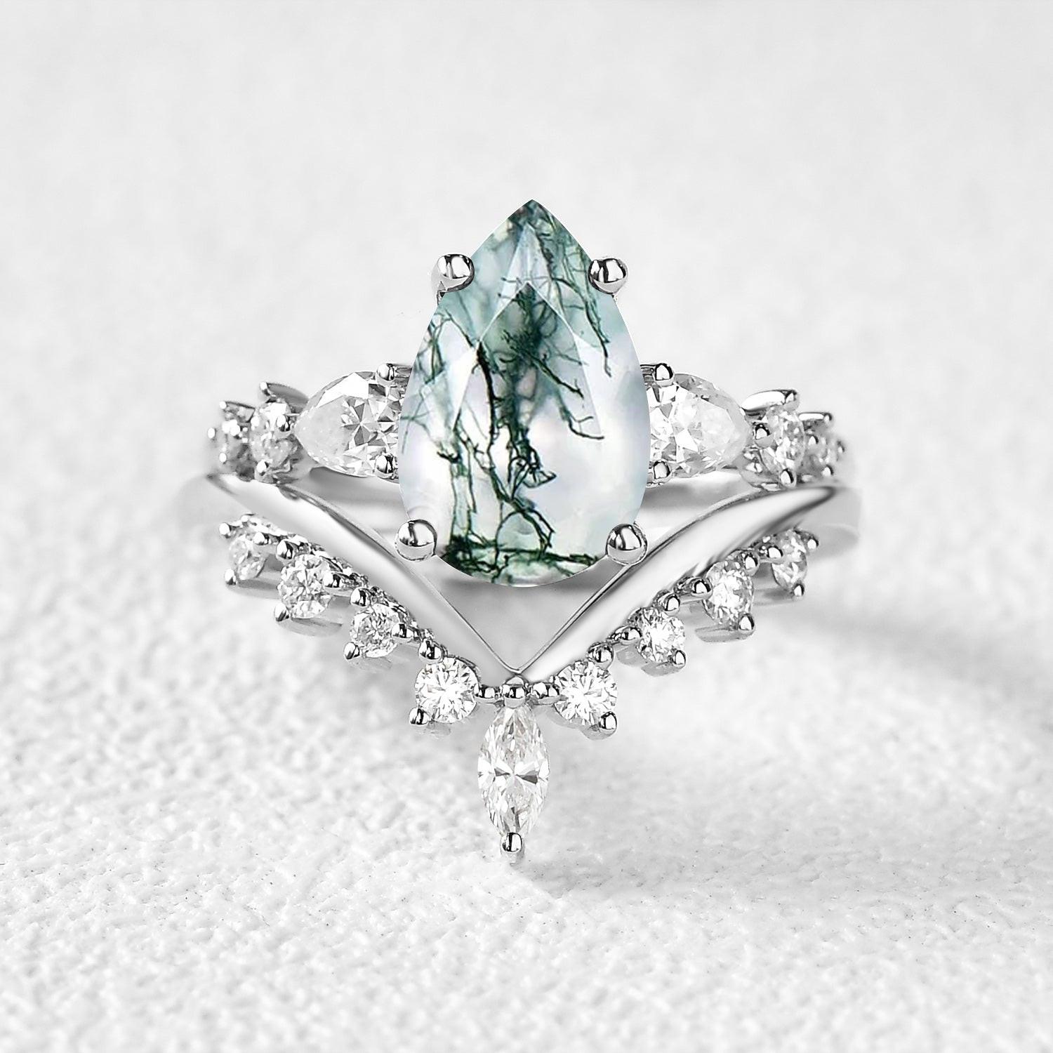 Pear Shaped Moss Agate & Pearl Chevron Bridal Ring Set 2pcs.