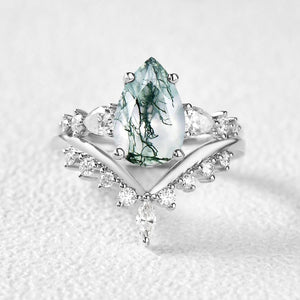 Pear Shaped Moss Agate & Pearl Chevron Bridal Ring Set 2pcs.