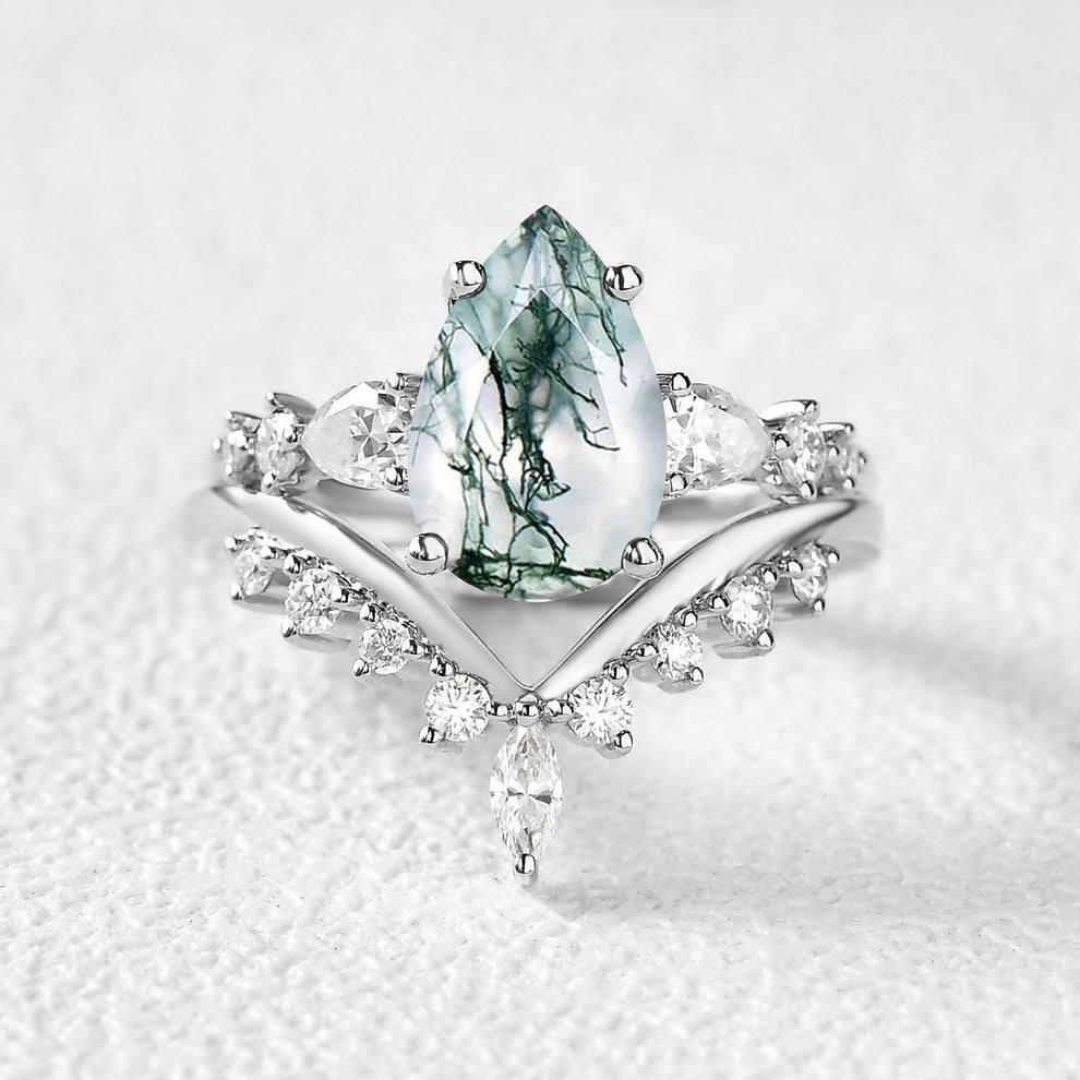 Pear Shaped Moss Agate & Pearl Chevron Bridal Ring Set 2pcs.