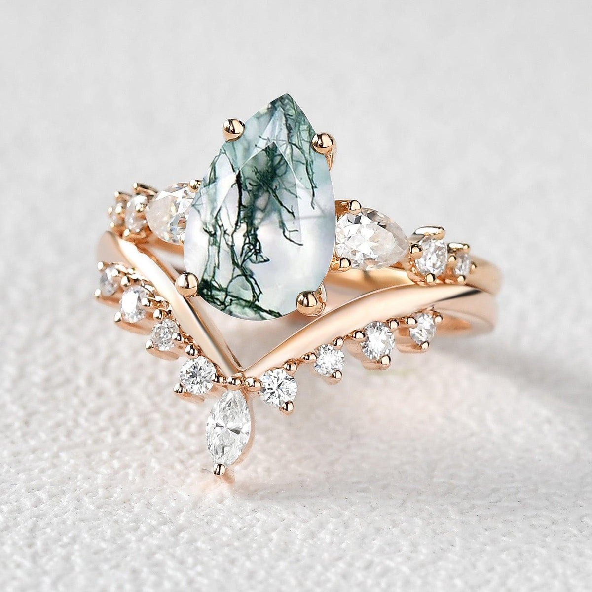 Pear Shaped Moss Agate & Pearl Chevron Bridal Ring Set 2pcs.