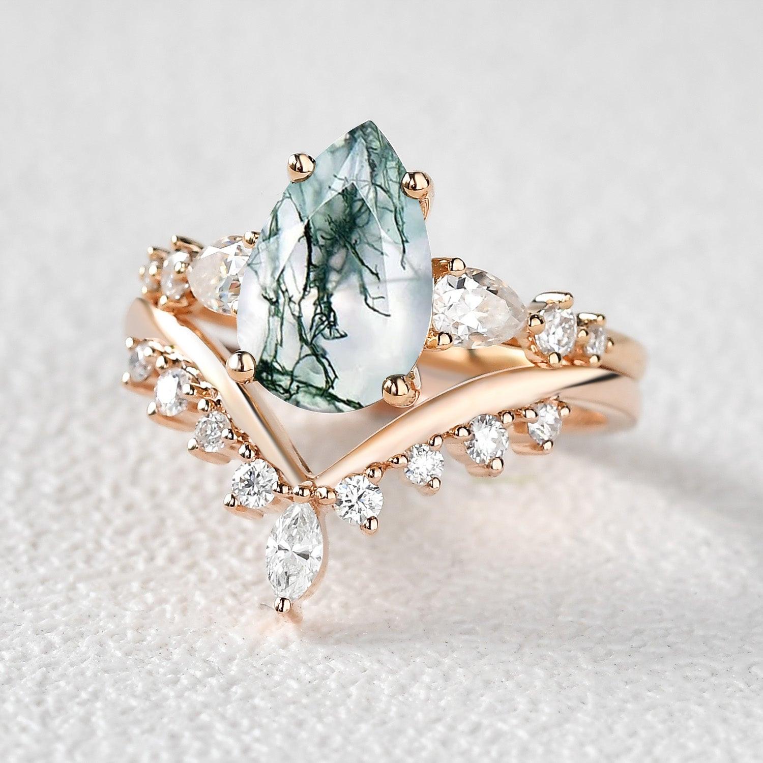 Pear Shaped Moss Agate & Pearl Chevron Bridal Ring Set 2pcs.