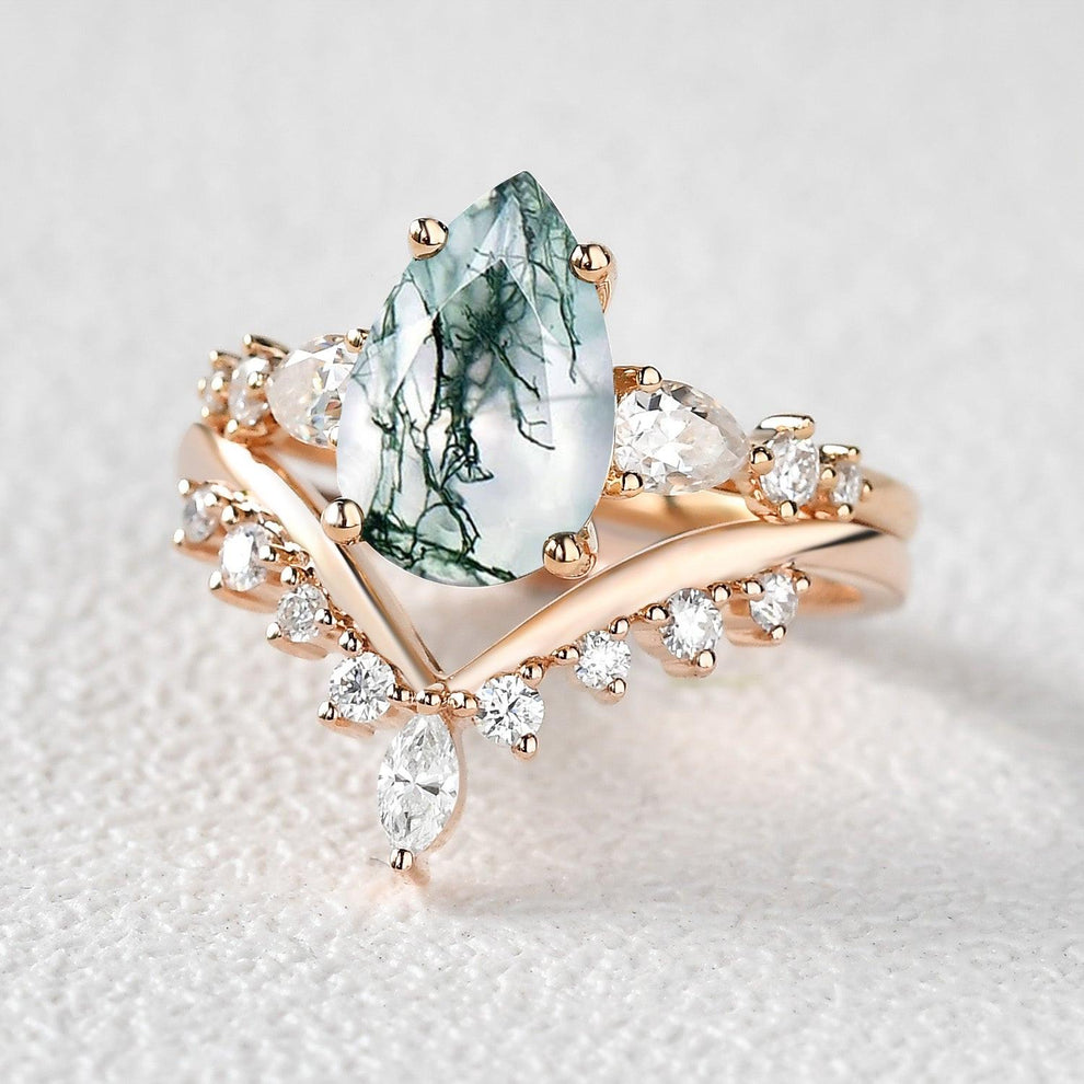 Pear Shaped Moss Agate & Pearl Chevron Bridal Ring Set 2pcs.