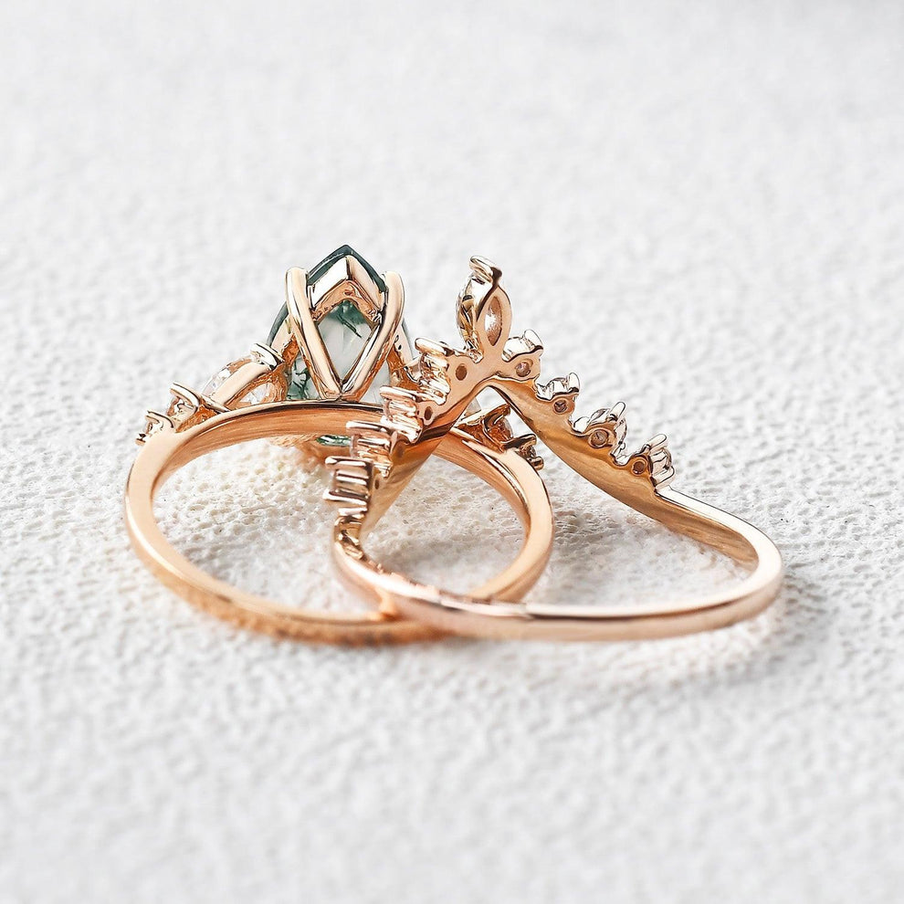 Pear Shaped Moss Agate & Pearl Chevron Bridal Ring Set 2pcs.