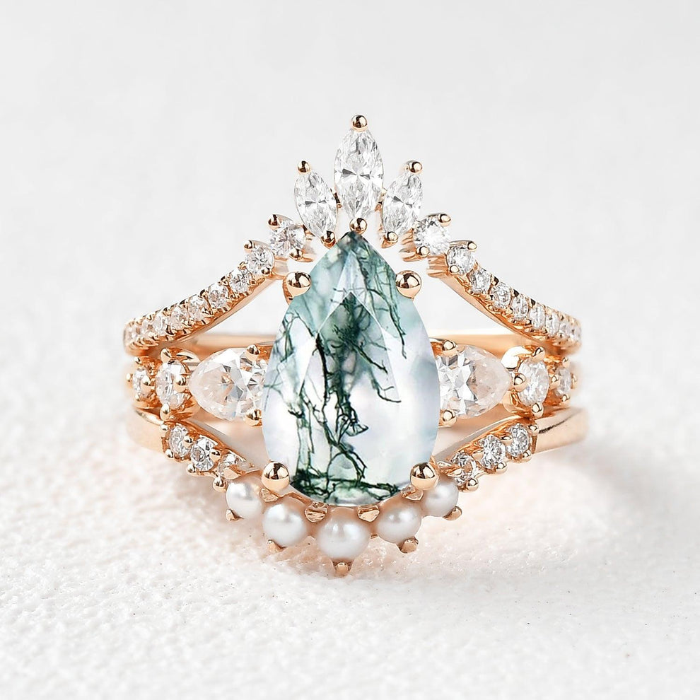 Moss Dew | Pear Moss Agate & Pearl Bridal Set 3pcs.