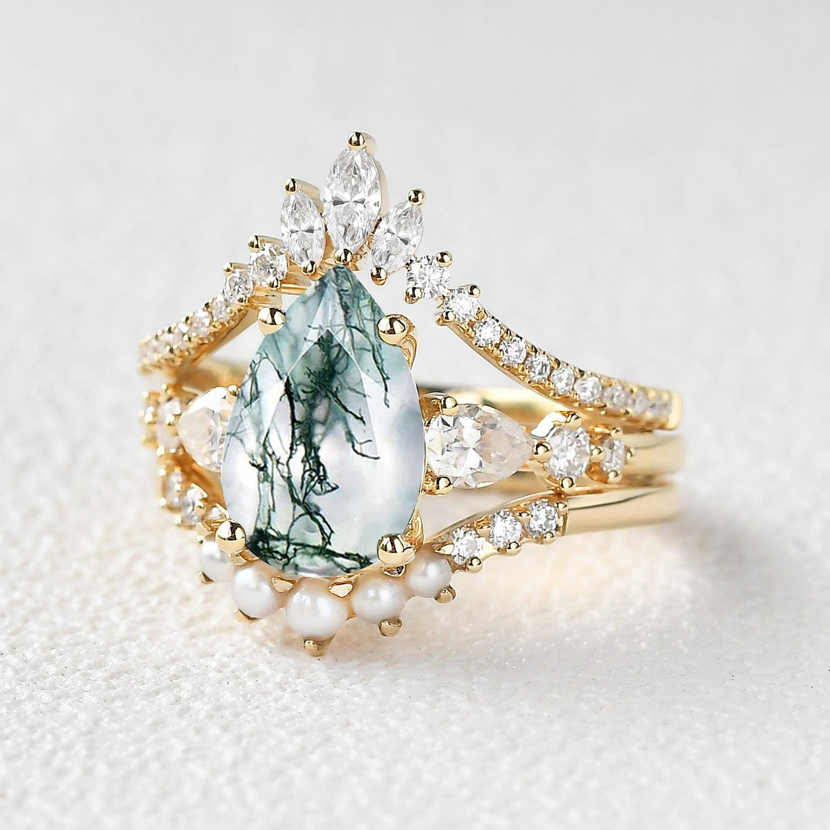 Moss Dew | Pear Moss Agate & Pearl Bridal Set 3pcs.