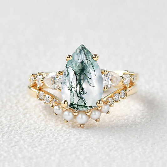 3.0ct Pear Shaped Moss Agate & Pearl Bridal Ring Set 2pcs.