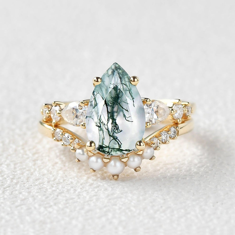 3.0ct Pear Shaped Moss Agate & Pearl Bridal Ring Set 2pcs.