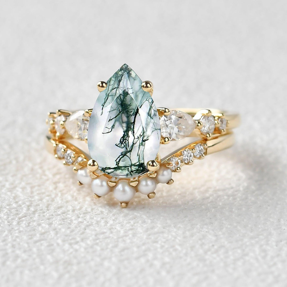 3.0ct Pear Shaped Moss Agate & Pearl Bridal Ring Set 2pcs.