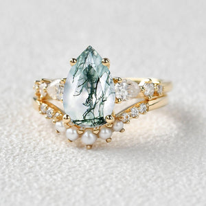 3.0ct Pear Shaped Moss Agate & Pearl Bridal Ring Set 2pcs.