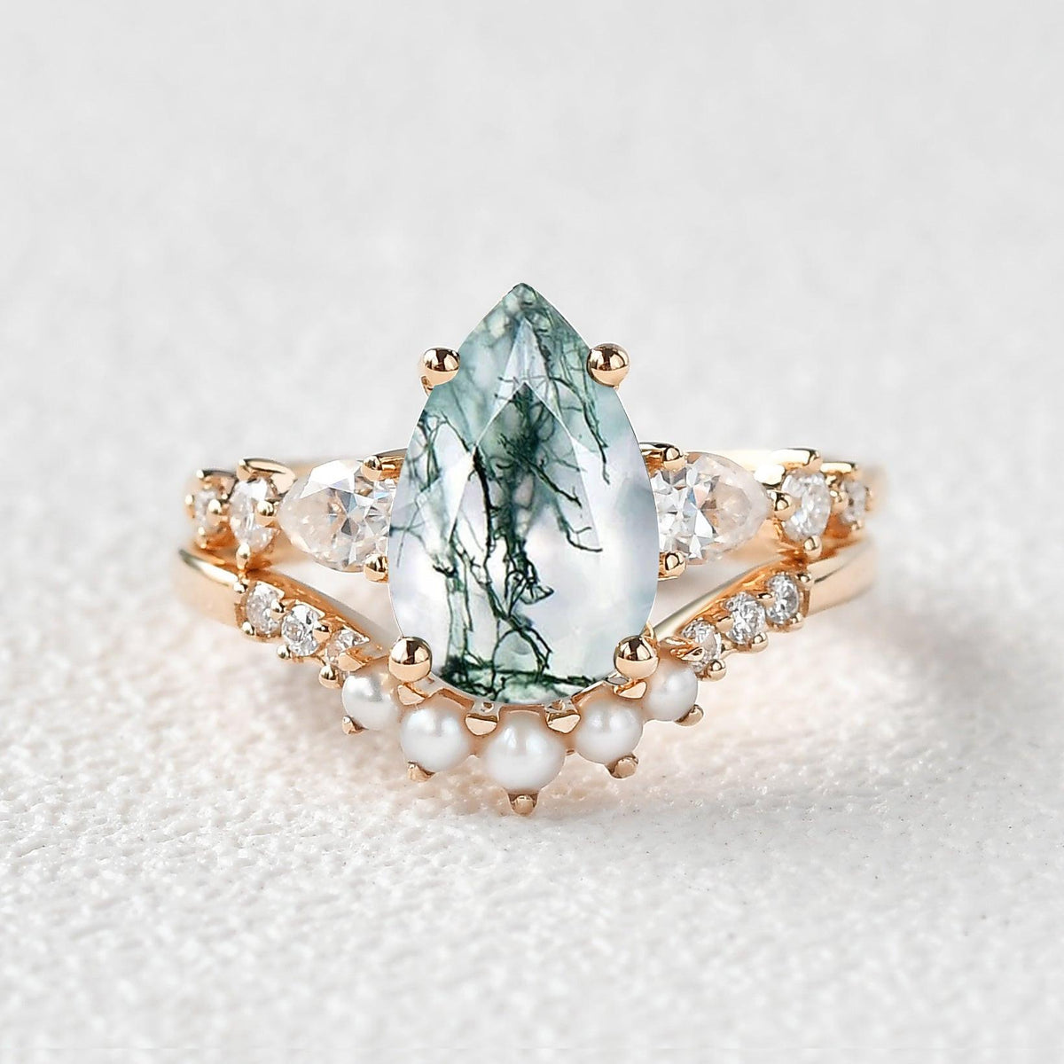 3.0ct Pear Shaped Moss Agate & Pearl Bridal Ring Set 2pcs.
