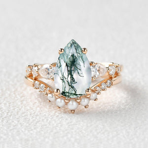 3.0ct Pear Shaped Moss Agate & Pearl Bridal Ring Set 2pcs.