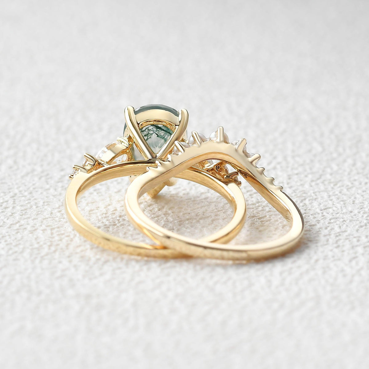3.0ct Pear Shaped Moss Agate & Pearl Bridal Ring Set 2pcs.