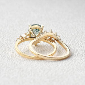 3.0ct Pear Shaped Moss Agate & Pearl Bridal Ring Set 2pcs.