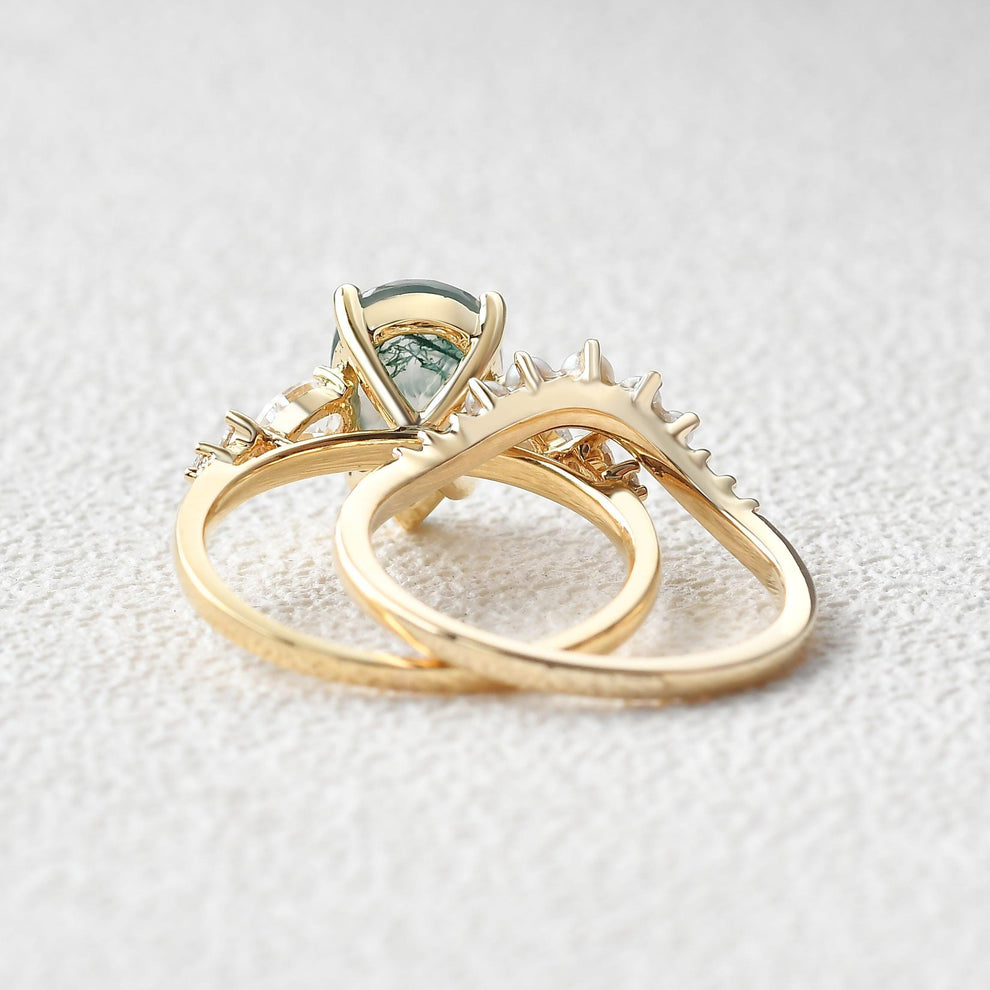 3.0ct Pear Shaped Moss Agate & Pearl Bridal Ring Set 2pcs.