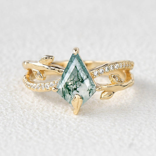 Ayla Kite Cut Moss Agate Leafy  Engagement Ring.