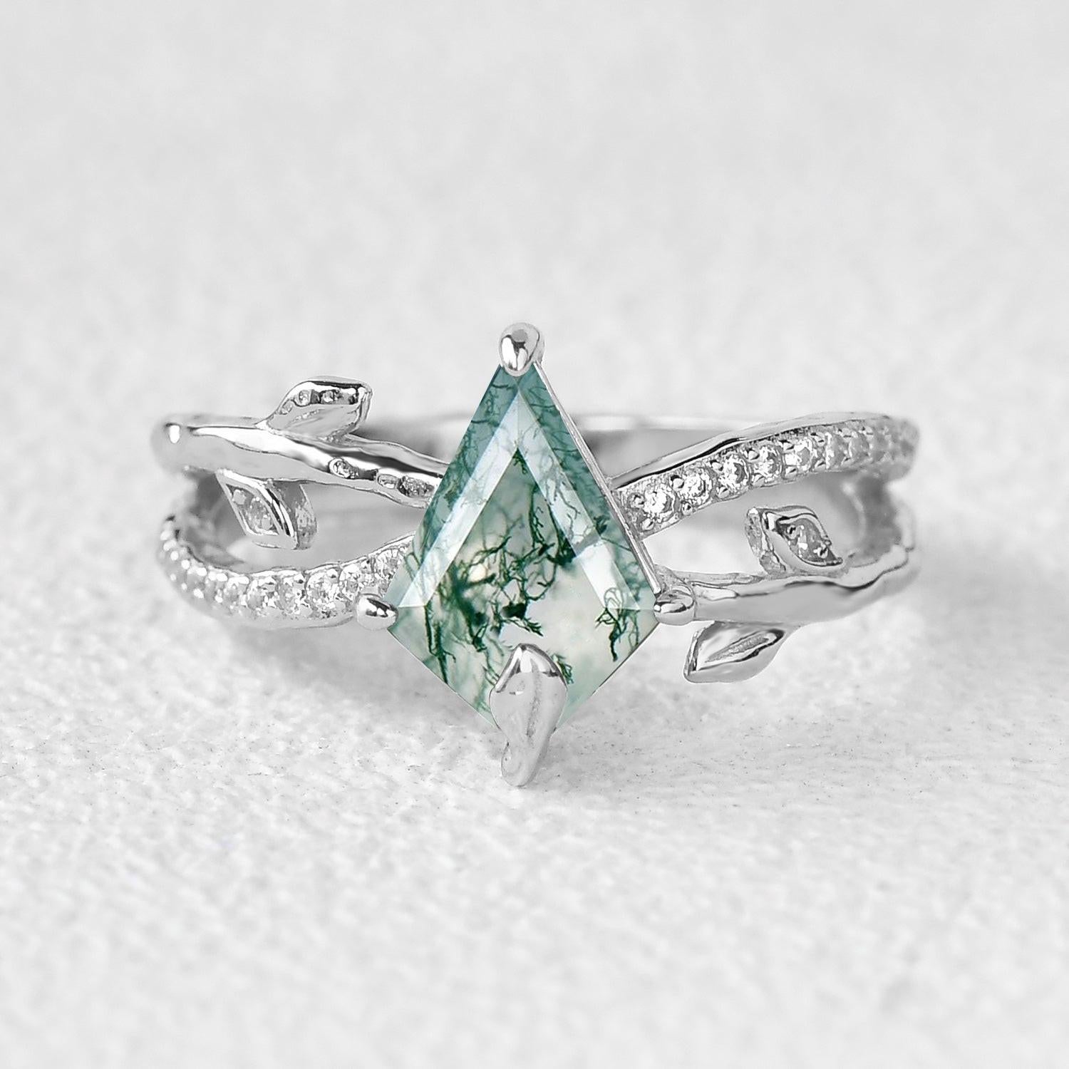 Ayla Kite Cut Moss Agate Leafy  Engagement Ring.