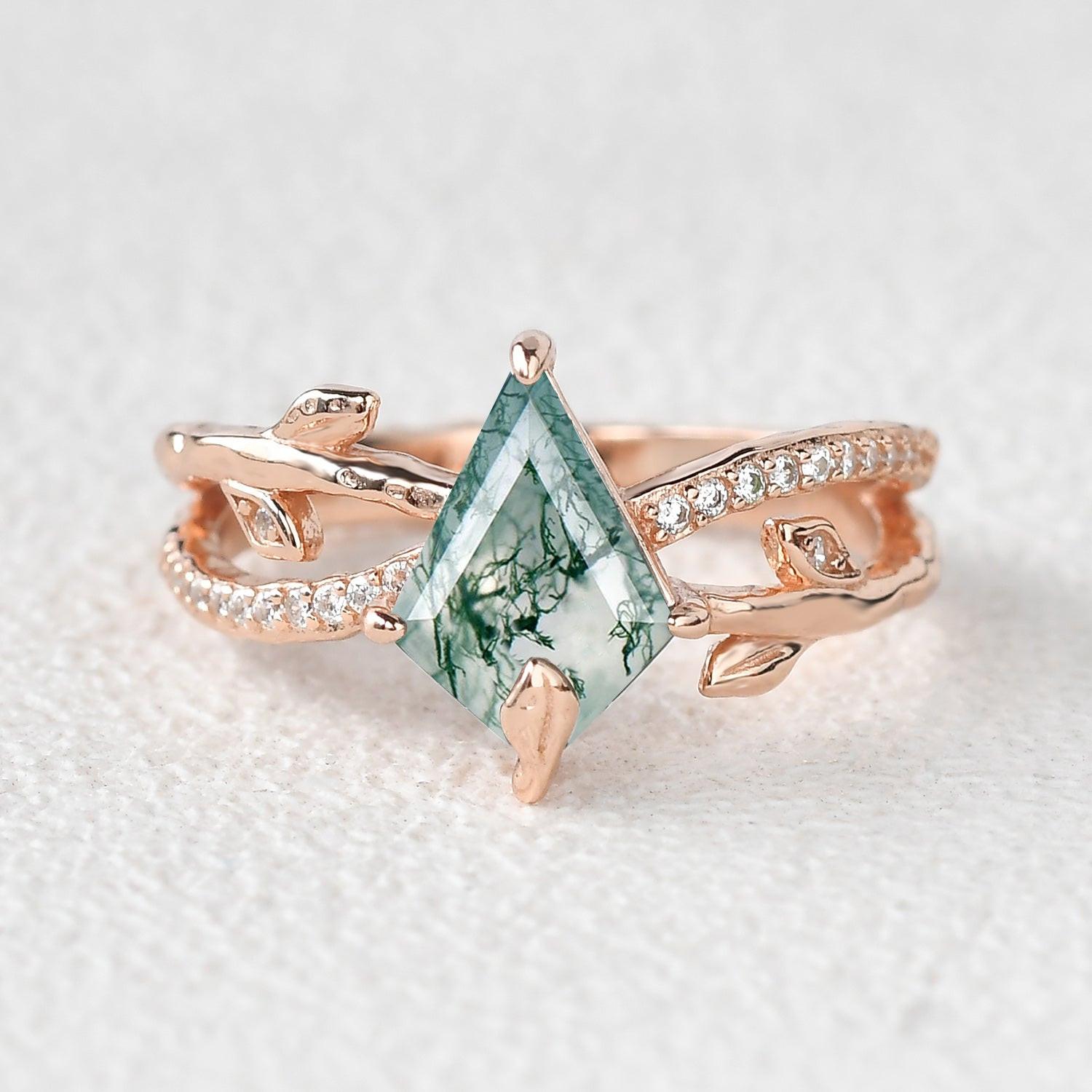 Ayla Kite Cut Moss Agate Leafy  Engagement Ring.