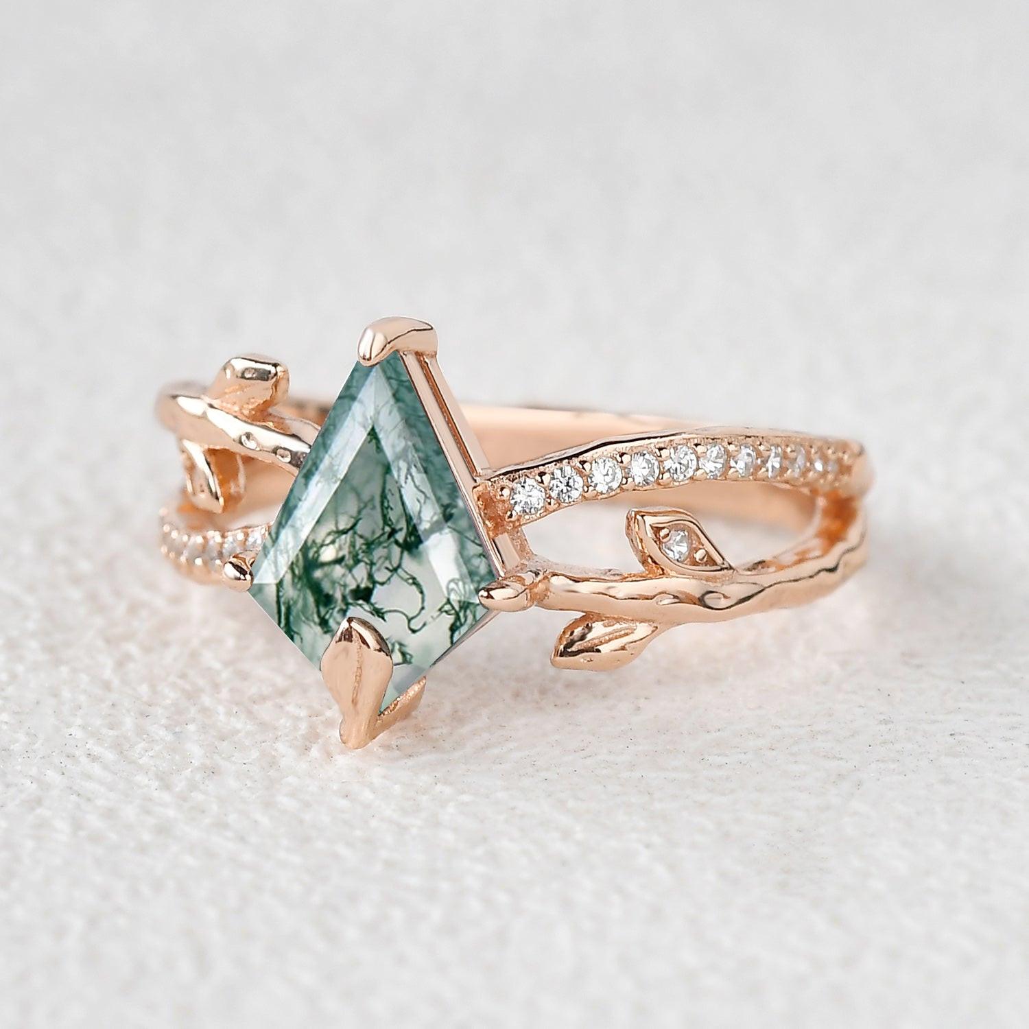 Ayla Kite Cut Moss Agate Leafy  Engagement Ring.