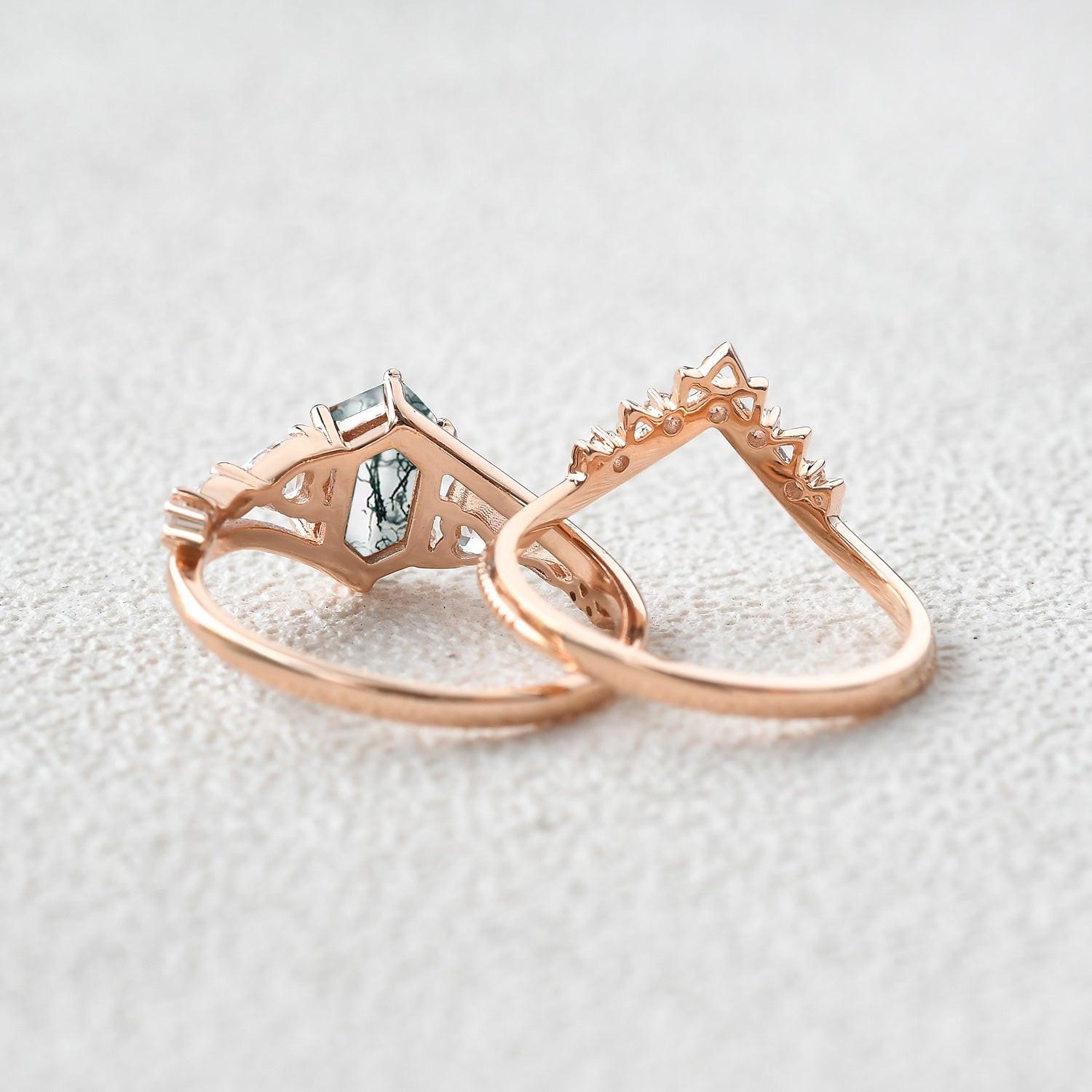 Hexagon Moss Agate Art-Deco Engagement Ring Set 2pcs.