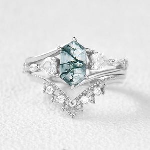 Hexagon Moss Agate Art-Deco Engagement Ring Set 2pcs.