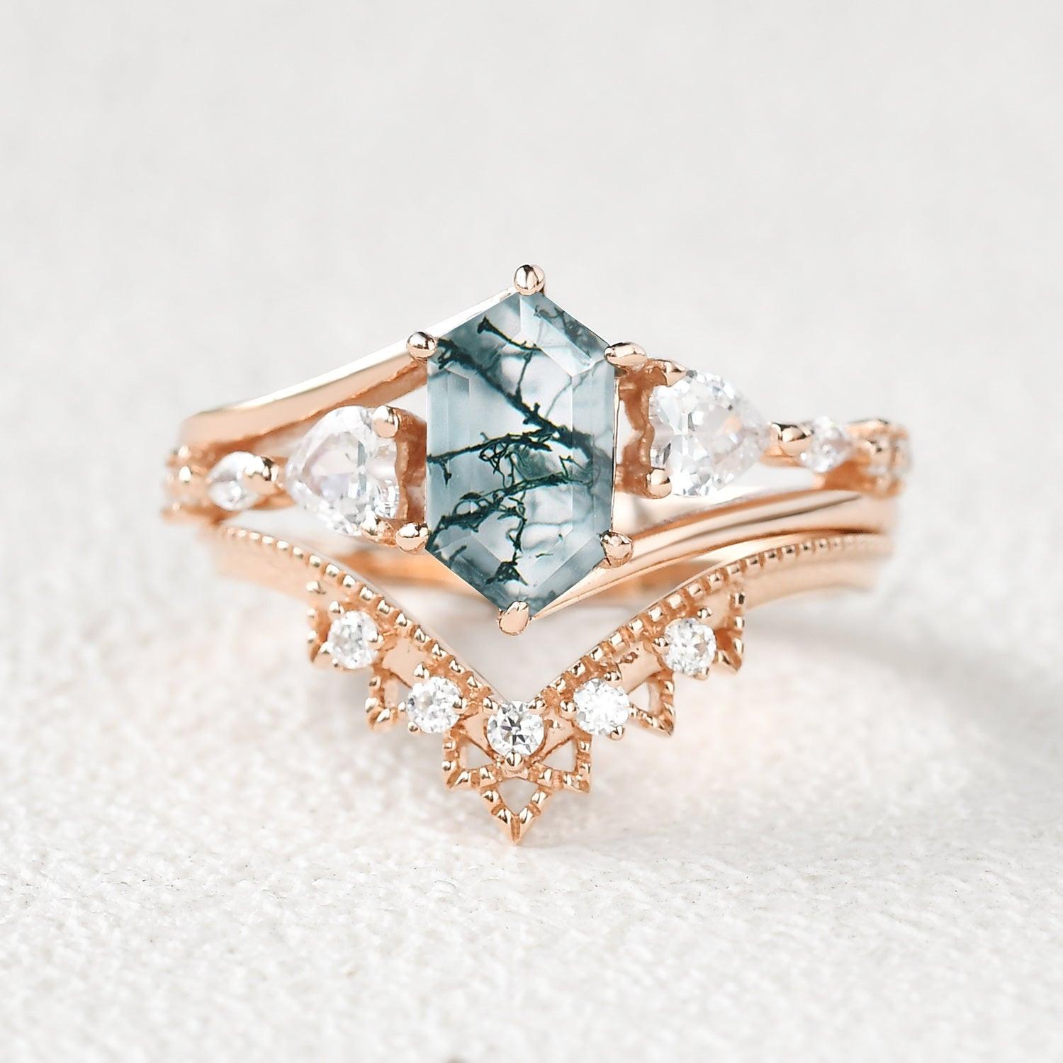 Hexagon Moss Agate Art-Deco Engagement Ring Set 2pcs.