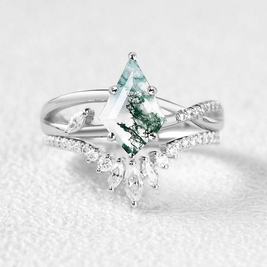Unique Moss Agate Infinity Engagement Ring Sets 2pcs.