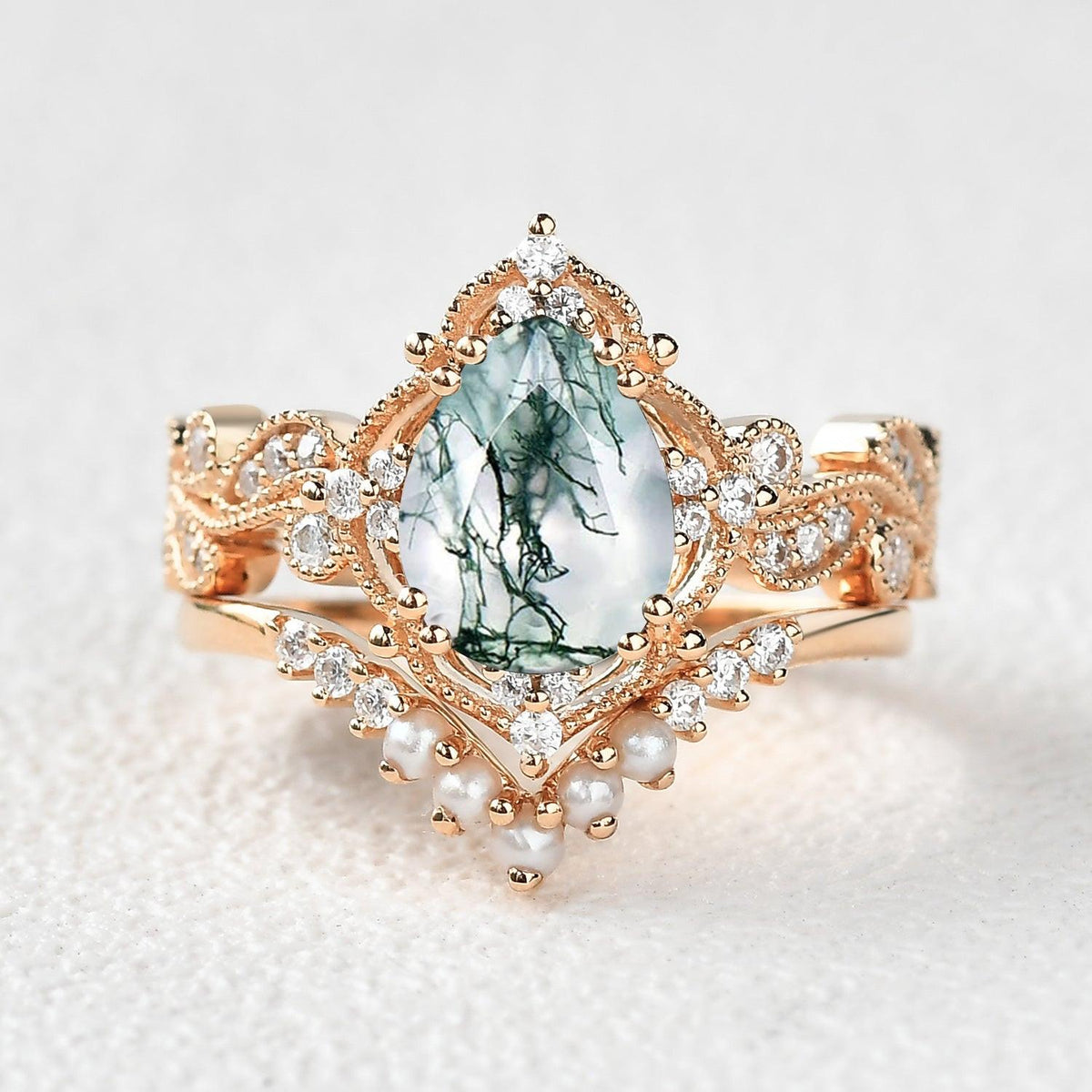 Rosalind’s Cameo | Pear Moss Agate & Pearl Vintage Bridal Set 2pcs.