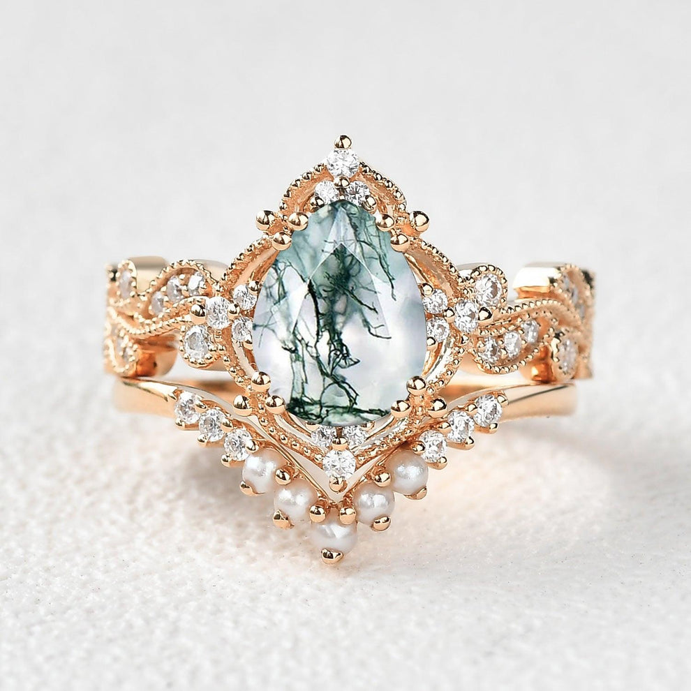Rosalind’s Cameo | Pear Moss Agate & Pearl Vintage Bridal Set 2pcs.